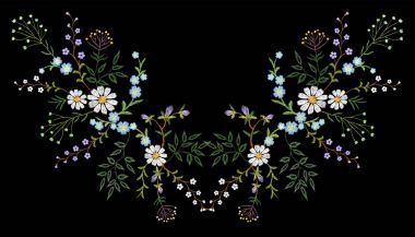 Nakış eğilim çiçek desenli küçük dalları ot papatya küçük mavi menekşe çiçek ile. Süslü yansıma halk yama tasarım yaka çiçeği siyah arka plan vektör çizim üzerinde moda.