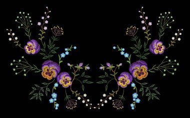 Nakış pancies çiçek yansıma küçük dalları yabani ot küçük mavi menekşe alan çiçek ile. Süslü geleneksel halk yama tasarım yaka arka plan siyah vektör çizim moda