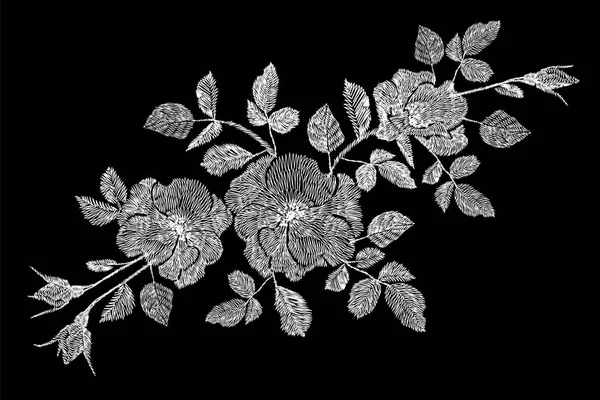 Bordado flor blanca rosa silvestre escaramujo parche briar. Decoración de ornamento textil de impresión de moda en ilustración de vector negro — Vector de stock
