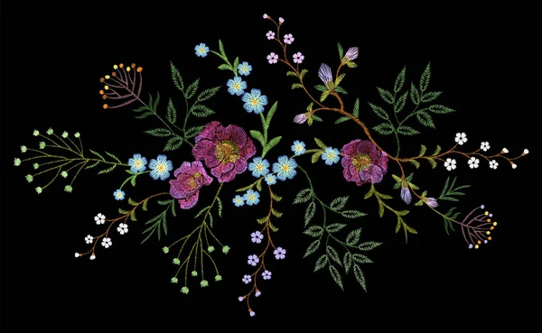 Patrón floral tendencia bordado pequeñas ramas hierba rosa con pequeña flor violeta azul. Diseño de parche de moda tradicional tradicional adornado flor escote sobre fondo negro vector ilustración — Vector de stock