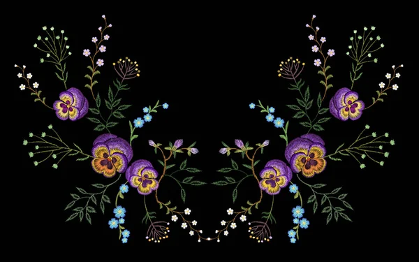 Broderi pancies blommig speglar små grenar vild ört med lilla blå violett fältet blomma. Utsmyckade traditionell folkmusik mode patch design urringning svart bakgrund vektorillustration — Stock vektor