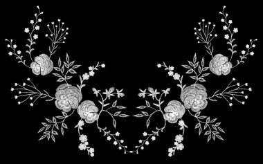 Nakış beyaz dantel pancies çiçek yansıma küçük küçük mavi menekşe alan çiçek geleneksel halk moda yama tasarım yaka siyah arka plan vektör çizim ile yabani ot şubeleri