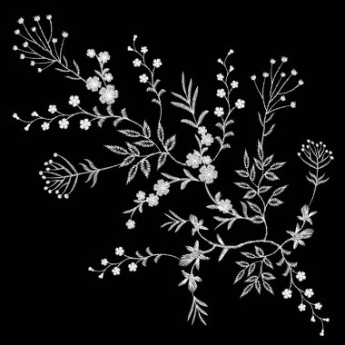 Nakış beyaz dantel çiçek desenli küçük dalları yabani ot küçük mavi menekşe alan çiçek ile. Süslü geleneksel halk yama tasarım yaka arka plan siyah vektör çizim moda