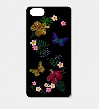 Tropic nakış smartphone deri durum tasarım şablonu. Egzotik kelebek parlak çiçek moda dekorasyon yama vektör çizim