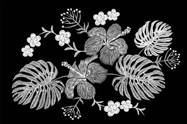 Ricamo tropicale composizione floreale. Piante esotiche fioriscono giungla estiva. patch tessile stampa moda. Hawaii hibiscus plumeria monstera illustrazione vettoriale — Vettoriale Stock