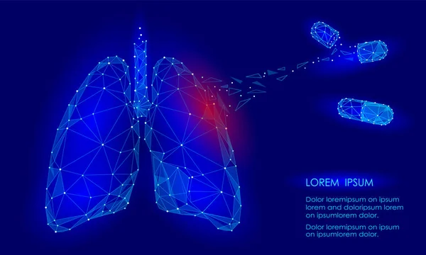 Human Internal Organ Lungs Medicine Treatment Drug (en inglés). Diseño de tecnología Low Poly. Dolor rojo área triángulo poligonal puntos conectados. Salud icono medicina fondo vector ilustración — Vector de stock