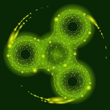 3D modeli inişli çıkışlı düşük Poli el spinner döndürme. Oyuncak topluca antistress hobi. Geleceğin teknolojisi stil üçgen noktalar. Neon yeşili radyoaktif asit kızdırma renk arka plan vektör simge tasarlamak