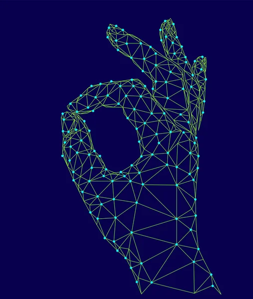 Firma el acuerdo de señal de dedo Ok. 3d modelo de poli baja de mano humana conectada puntos de la línea de punto. Color verde neón azul. Pecfecto plato chef gesto concepto vector ilustración — Vector de stock
