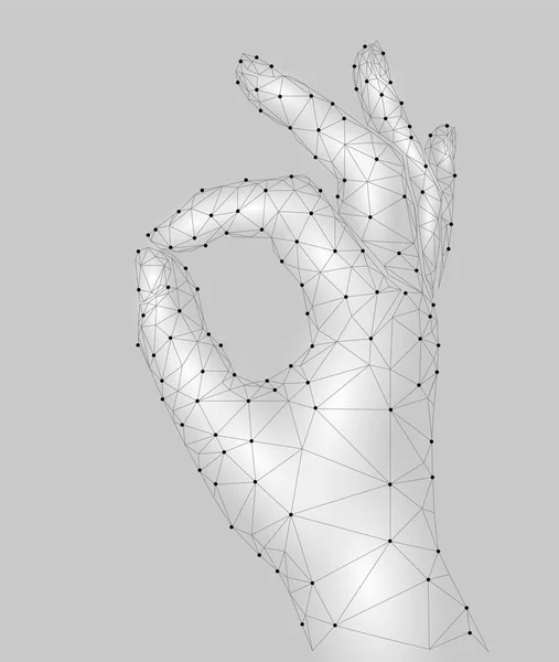 Jelentkezzen Ok ujj jelet megállapodás. 3D-s modellje alacsony poly emberi kéz kapcsolódó pontok pont-vonal. Fehér-szürke színű. Pecfect étel chef gesztus koncepció vektoros illusztráció — Stock Vector