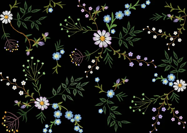 Stickerei Trend florales nahtloses Muster kleine Zweige Kräuterblatt mit wenig blauvioletten Blume Gänseblümchen Kamille. kunstvolle traditionelle Folk-Mode Patch-Design Hintergrund Vektor Illustration — Stockvektor