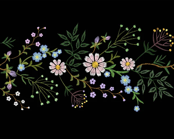 Tendance à la broderie bordure florale petites branches feuille d'herbe avec peu de camomille bleu violet fleur marguerite. Orné traditionnel folklorique conception patch décolleté fleur fond vectoriel illustration — Image vectorielle