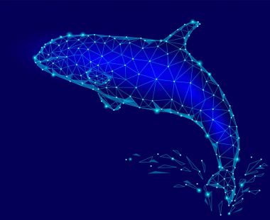 Katil balina 3d poligonal üçgeni modeli. Sualtı deniz vahşi tehlike canavarı. Mavi bağlı noktalar parlayan tel kafes logo su sıçrama vektör çizim