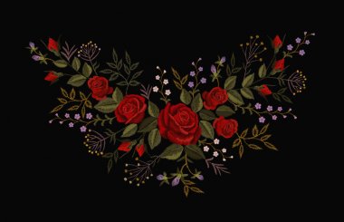 Siyah zemin üzerine kırmızı gül nakış. Saten dikiş taklit moda dekorasyon yama kolye. Doku küçük otlar küçük hassas Menekşe bud vintage süs vektör çizim çiçek