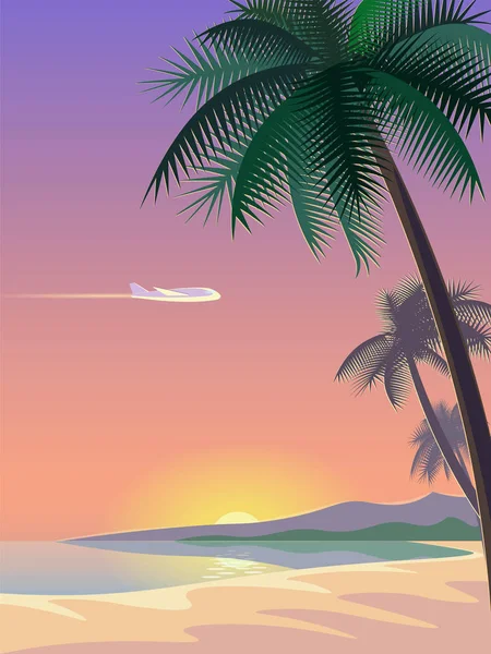 Repülőgép és a trópusi paradicsomban palm tree szörfdeszkák. Napsütötte homokos tengerpart strand tengeri óceán táj. Vector háttér illusztráció a szöveg — Stock Vector