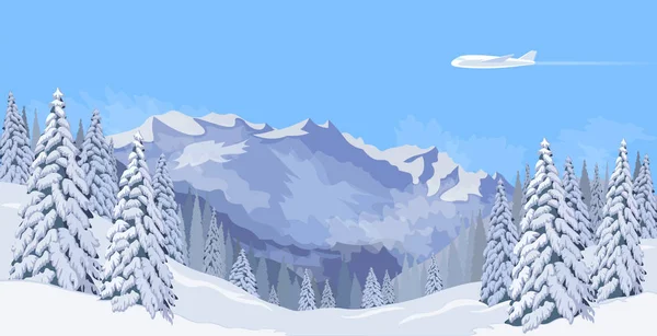 Avión volando en un cielo azul nieve montaña invierno paisaje. Árbol de abeto bosque fondo banner de viaje plantilla vector ilustración — Vector de stock