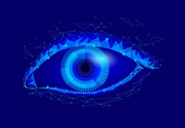İnsan android cyborg göz fütüristik koruma kişisel Internet güvenlik erişimi denetleme. Kavram robot dna sistemi, gelecekteki bilimsel teknoloji yenilik bilim. Mavi poligonal vektör