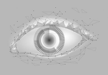 İnsan android cyborg göz fütüristik koruma kişisel Internet güvenlik erişimi denetleme. Kavram robot dna sistemi, gelecekteki bilimsel teknoloji yenilik bilim. Gri beyaz poligonal vektör