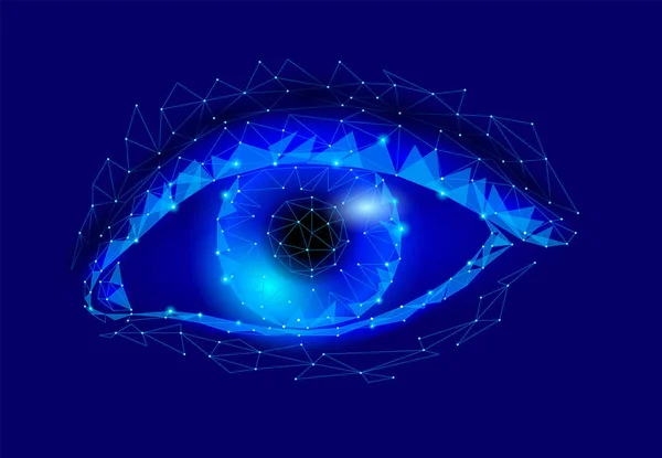 3d модель жіночого ока. Синій світиться полігональний низькополіетиленовий логотип трикутник. Красивий інопланетний жіночий зір крупним планом Векторні ілюстрації — стоковий вектор