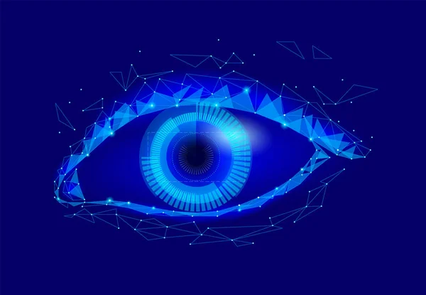 Ανθρώπινο cyborg android μάτι φουτουριστικό ελέγχου προστασίας προσωπικών πρόσβαση στο διαδίκτυο ασφάλειας. Έννοια ρομπότ σύστημα dna, μελλοντικές επιστημονικές τεχνολογία καινοτομία επιστήμη. Μπλε διάνυσμα πολυγωνικό — Διανυσματικό Αρχείο