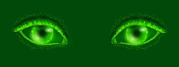 Modelo 3d de ojo de mujer. Verde brillante triángulo poligonal bajo logotipo de poli. Hermosa vista femenina alienígena primer plano vector ilustración — Vector de stock
