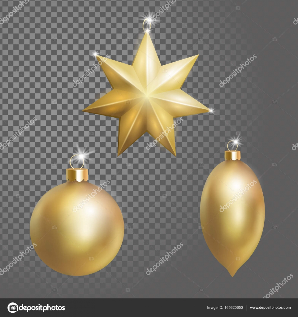 Raccolta di oro decorazione albero di natale pallone rotondo forma ovale e stella 3D realistico isolato su elemento di disegno di sfondo trasparente
