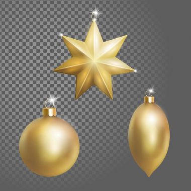 Koleksiyon Noel top ağaç dekorasyon altın yıldız ve oval şekli yuvarlak. 3d gerçekçi şeffaf arka plan tasarım öğesinde izole. Yeni yıl boyunca Metalik altın asılı illüstrasyon vektör.