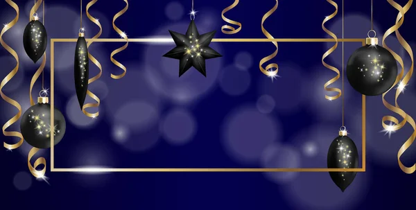 Шаблон рождественских рамок. Яйцевые пихтовые игрушки звезда золотой серебристый сверкающий змеиный стример. Новогодняя елка украшения золотой размытие разряженный фон .3d реалистичный элемент дизайна. Векторная иллюстрация — стоковый вектор