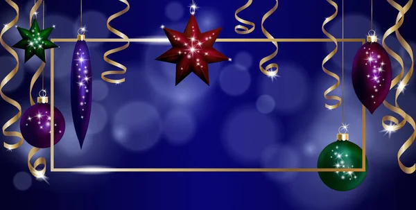 Karácsonyi keret Banner sablon. Labda fenyő játékok csillag arany ezüst szikrázó szerpentin streamer. Újévi fa dekoráció arany blur defocused background.3d reális díszítőelemet. Vektoros illusztráció — Stock Vector
