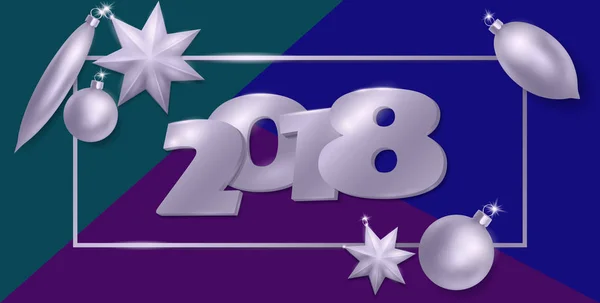 2018 το νέο έτος 3d ρεαλιστική επίπεδη θέσει σύνθεση. Ασημί μεταλλικό χριστουγεννιάτικο δέντρο παιχνίδια μπάλα οβάλ σχήμα αστεριού. Το Top view banner πρότυπο διανυσματικά εικονογράφηση. Αριθμός στο πλαίσιο σε μπλε πράσινο φόντο — Διανυσματικό Αρχείο
