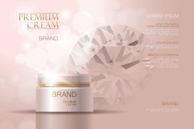 3D gerçekçi vektör arka plan kozmetik reklamları. Nemlendirici yüz kremi konteyner mockup sigorta primi narin gül bej izole. Elmas değerli toz değerli taş mücevher ile Cilt Bakımı.