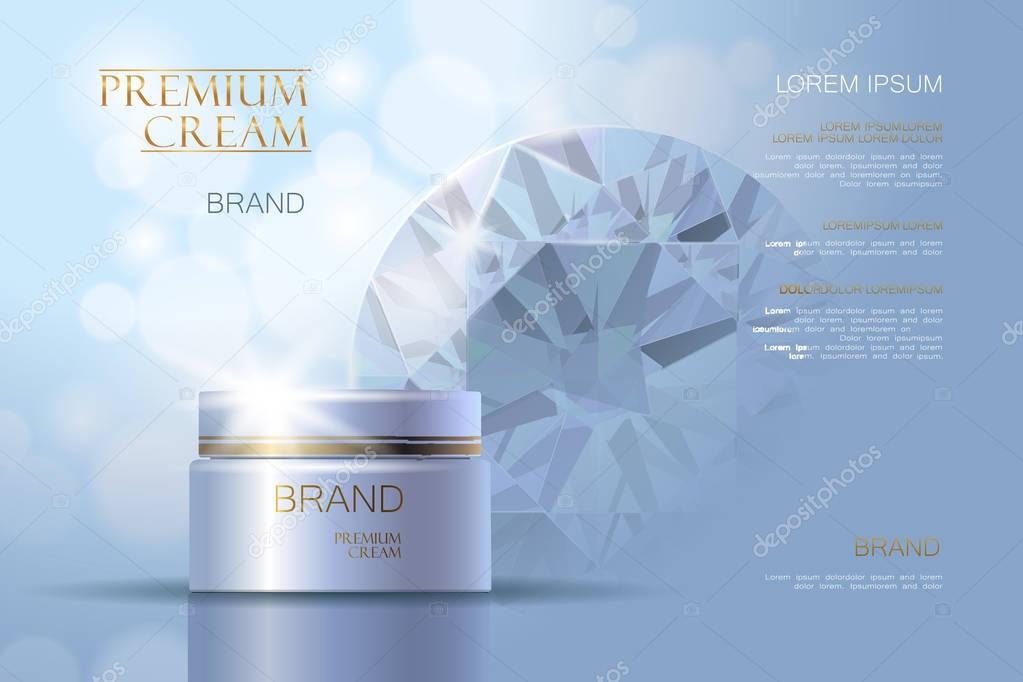3d realistic vector background cosmetic ads. Premium hydrating facial cream container mockup isolated delicate light blue. Skin care with diamond precious powder gemstone gem.