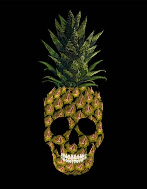 Nakış kafatası ananas t-etek baskı. Moda dekorasyon yama işlemeli taklit. Sarı egzotik meyve tropikal sanat. Vektör çizim siyah arka plan