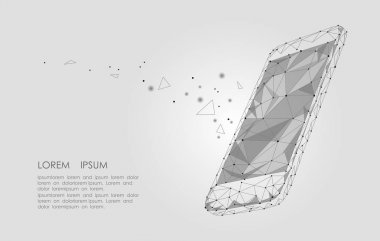 Düşük Poli smartphone telefon dokunmatik ekran. Üçgen poligon geometrik tasarım noktalar yıldızlı gökyüzü bağlı. Modern futuristik banner şablon tasarımı. Vektör çizim arka plan