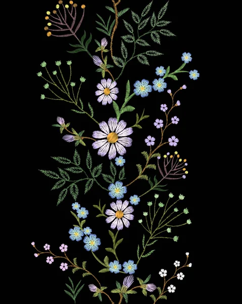 Bordado textura flor borde sin costuras. Decoración de moda floral adorno de tela textil. Pequeña margarita de campo de hierbas. Ilustración vectorial de imitación bordada — Archivo Imágenes Vectoriales