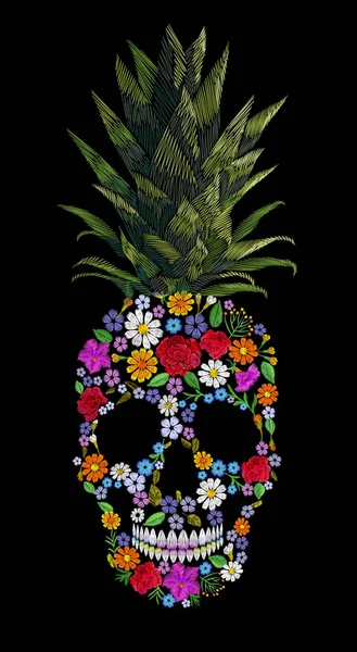 Embroidery skull pineapple t-skirt print. Fashion decoration patch floral embroidered imitation. Yellow exotic fruit tropical art. Vector illustration black background — Stock Vector