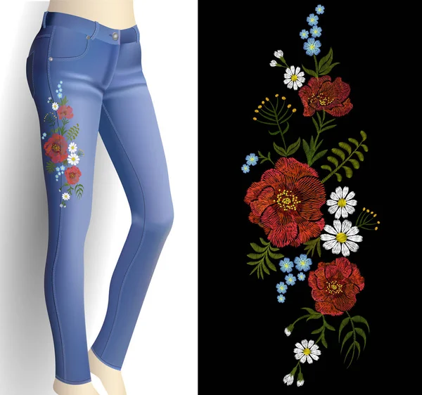 Bordado de flores en la mujer vaqueros azules maqueta 3d. detalle traje de moda rosa amapola flor impresión parche vector ilustración — Vector de stock