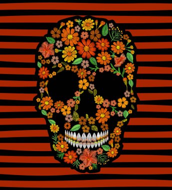 Nakış kafatası yüz portakal çiçeği doku Meksika yama. Tekstil baskı işlemeli dikiş. Dia de los Muertos gün ölü veya Halloween çizgili arka plan üzerinde vektör çizim kartı.