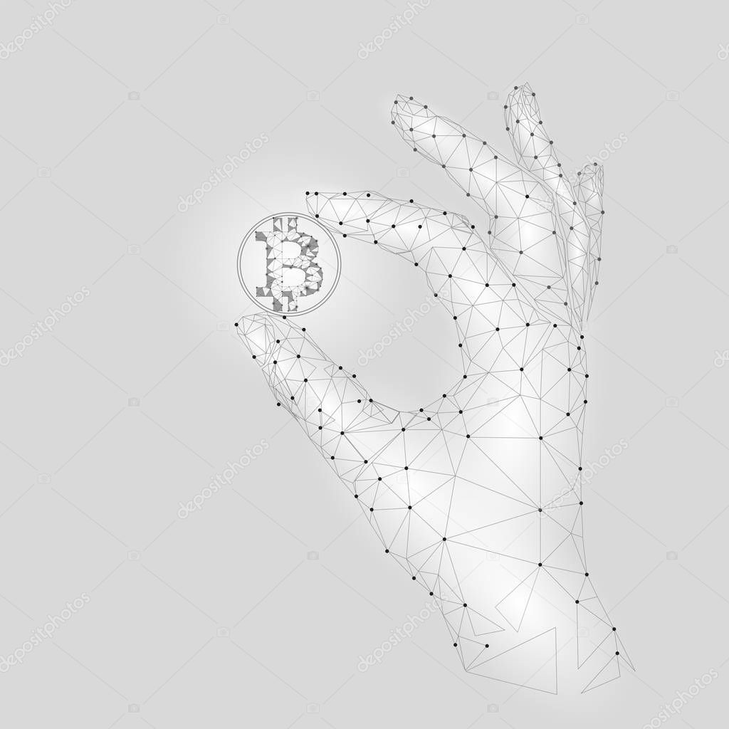 Low poly hand hold bitcoin carefully. Polygonal triangle connected dot point white gray cryptocurrency coin. Finance business offer gain blockchain profit concept vector illustration