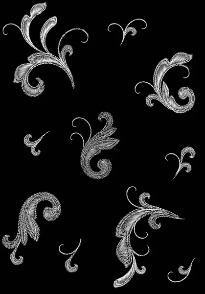 白いビクトリア調刺繍花の飾り。ステッチ テクスチャ ファッションのシームレスなパターンの花バロック様式のデザイン要素ベクトル図を印刷します。 — ストックベクタ
