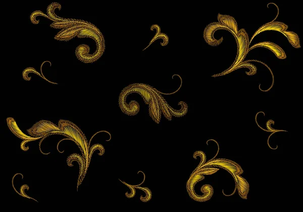 Ricamo vittoriano d'oro Ornamento floreale. Stitch texture stampa moda modello senza cuciture fiore d'oro elemento di design barocco vettoriale illustrazione — Vettoriale Stock