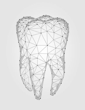 3D modeli diş poligonal yapısı logo. Stomatology sembolü düşük Poli üçgen soyut sözlü tıbbi bakım iş kavramı. Nokta parçacık sanat vektör çizim bağlı