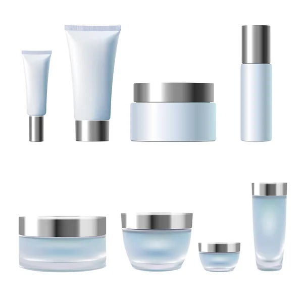 Set realistic 3d cosmetic package cream jar tubes. Light blue silver metallic containers glass plastic isolated transparent white background. Promotional empty ad product templates vector illustration — Stock Vector