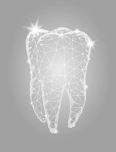 Modello 3d logo della struttura poligonale del dente. Simbolo di stomatologia basso poli triangolo astratto cure mediche orali concetto di business. Illustrazione vettoriale d'arte scintillante di particelle punteggiate collegate — Vettoriale Stock