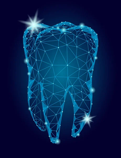 Modello 3d logo della struttura poligonale del dente. Simbolo di stomatologia basso poli triangolo astratto cure mediche orali concetto di business. Illustrazione vettoriale d'arte scintillante di particelle punteggiate collegate — Vettoriale Stock