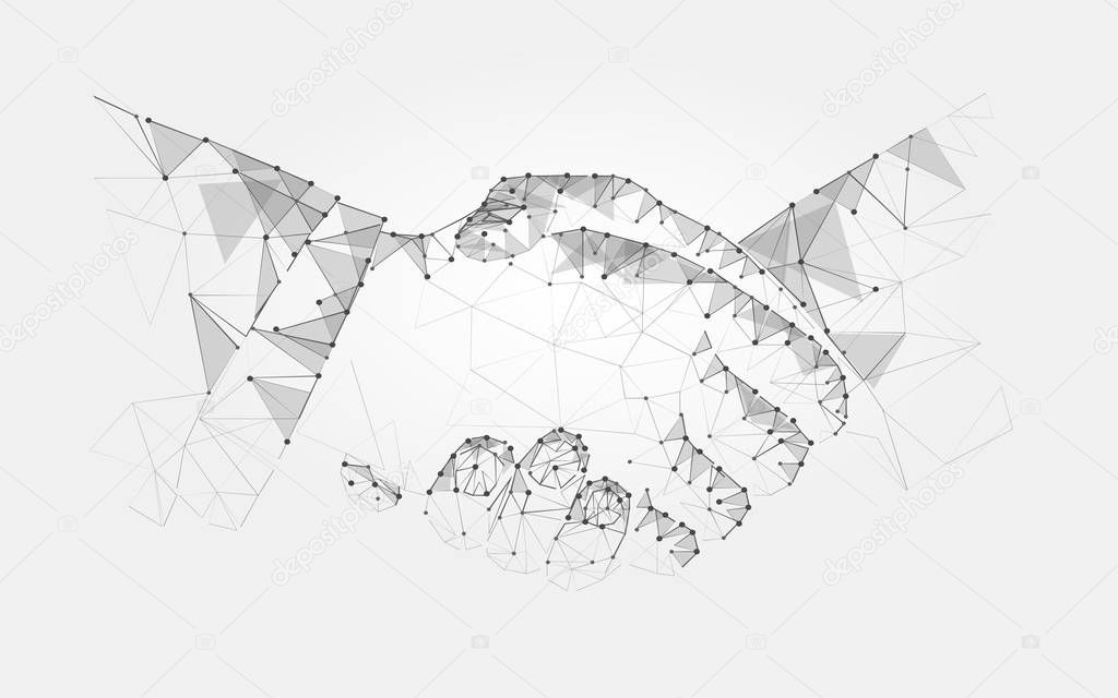 Two hands handshake polygonal low poly contract agreement monochrome on a light background. vector