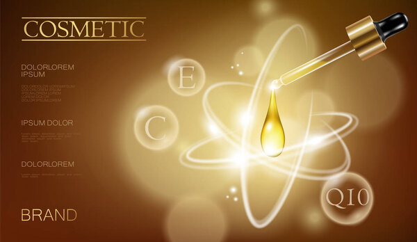 Реклама трехмерной бутылки косметики. Капля масла падает на пипетку. Лечение коллагеновой витаминной сыворотки. Прозрачный стеклянный пакет Золотой жидкий пустой текст шаблон векторной иллюстрации
