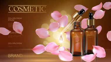 3D gerçekçi çiçek doğal organik kozmetik reklam. Gül pembe petal kahverengi cam serum özü yüz yağ damlacığı bakımı. Şişe pipet altın posteri şablon vektör çizim