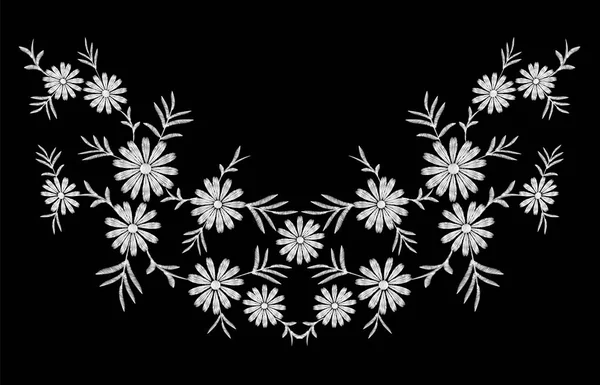 Daisy bordado impresión textura flores arreglo hojas. ornamento de moda decoración reflexión collar simétrico vintage floral negro fondo vector ilustración — Vector de stock
