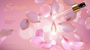 3D gerçekçi çiçek doğal organik kozmetik reklam. Gül pembe petal cam serum özü yüz yağ damlacığı bakımı. Şişe pipet altın posteri şablon vektör çizim