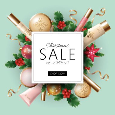 Gerçekçi 3d Noel tatil Satılık web banner şablon. Kozmetik makyaj ürün reklam dekorasyon holly dalları. Yeni yıl özel indirim kare çerçeve posteri vektör çizim